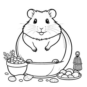 Verspielter Hamster mit Eiern Ausmalbild für malfreudige Frühstücksfreunde