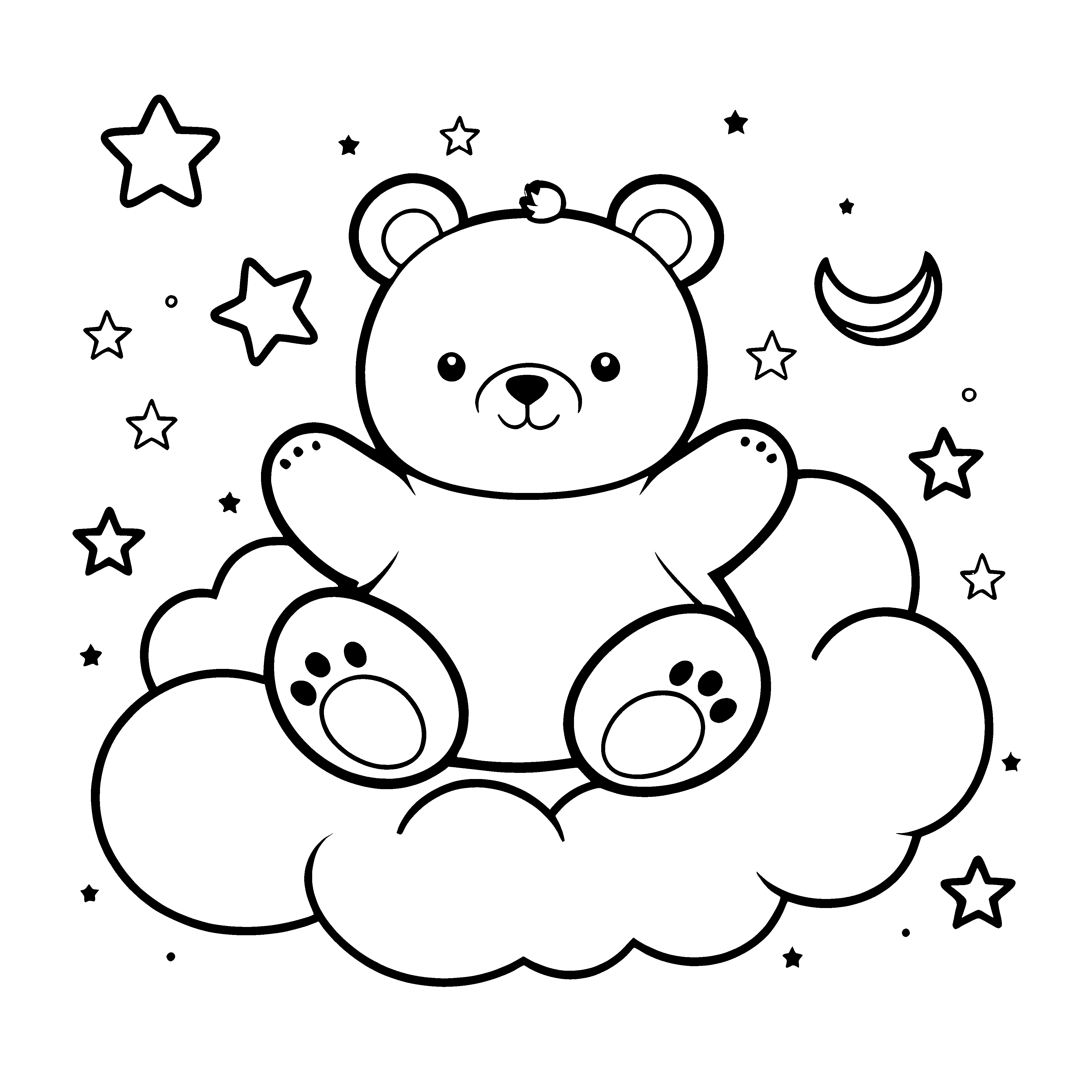 Sanfter Kawaii Bär mit Sternen Ausmalbild für kleine Mondträumer