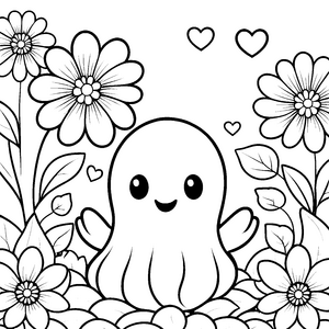 Heiterer Kawaii-Geist im Blumenmeer Malvorlage für junge Naturfreunde