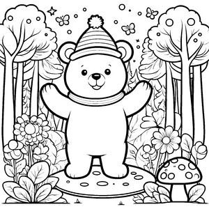 Herzlicher Kawaii Teddybär im Wald Ausmalbild für junge Naturfreunde