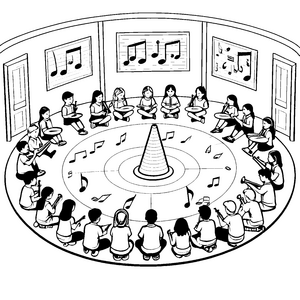 Harmonische Schulkinder mit Gitarren Malbild für malfreudige Musikbegeisterte