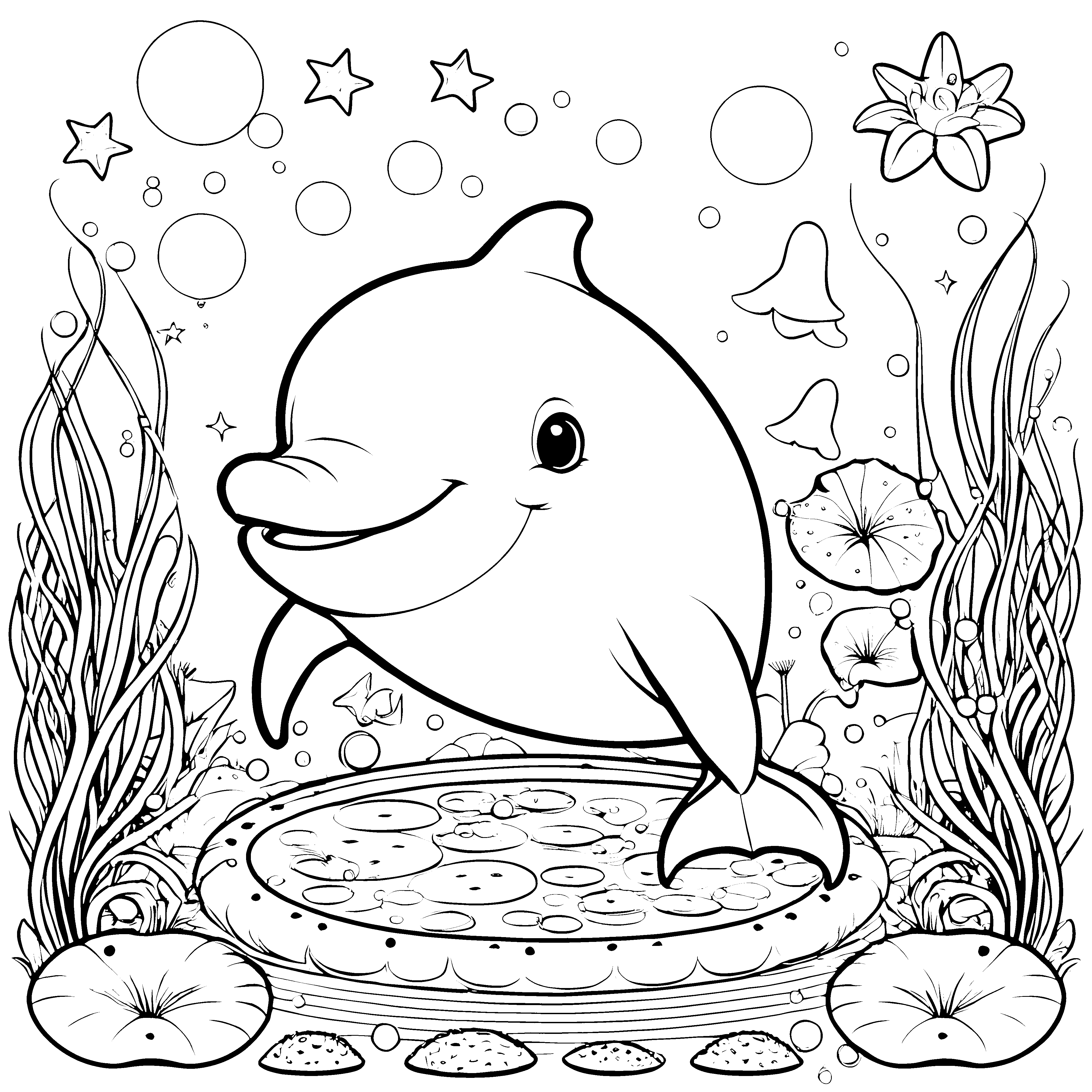 Verspielter Kawaii-Delfin mit Seesternen Malbild für kleine Wasserputzer