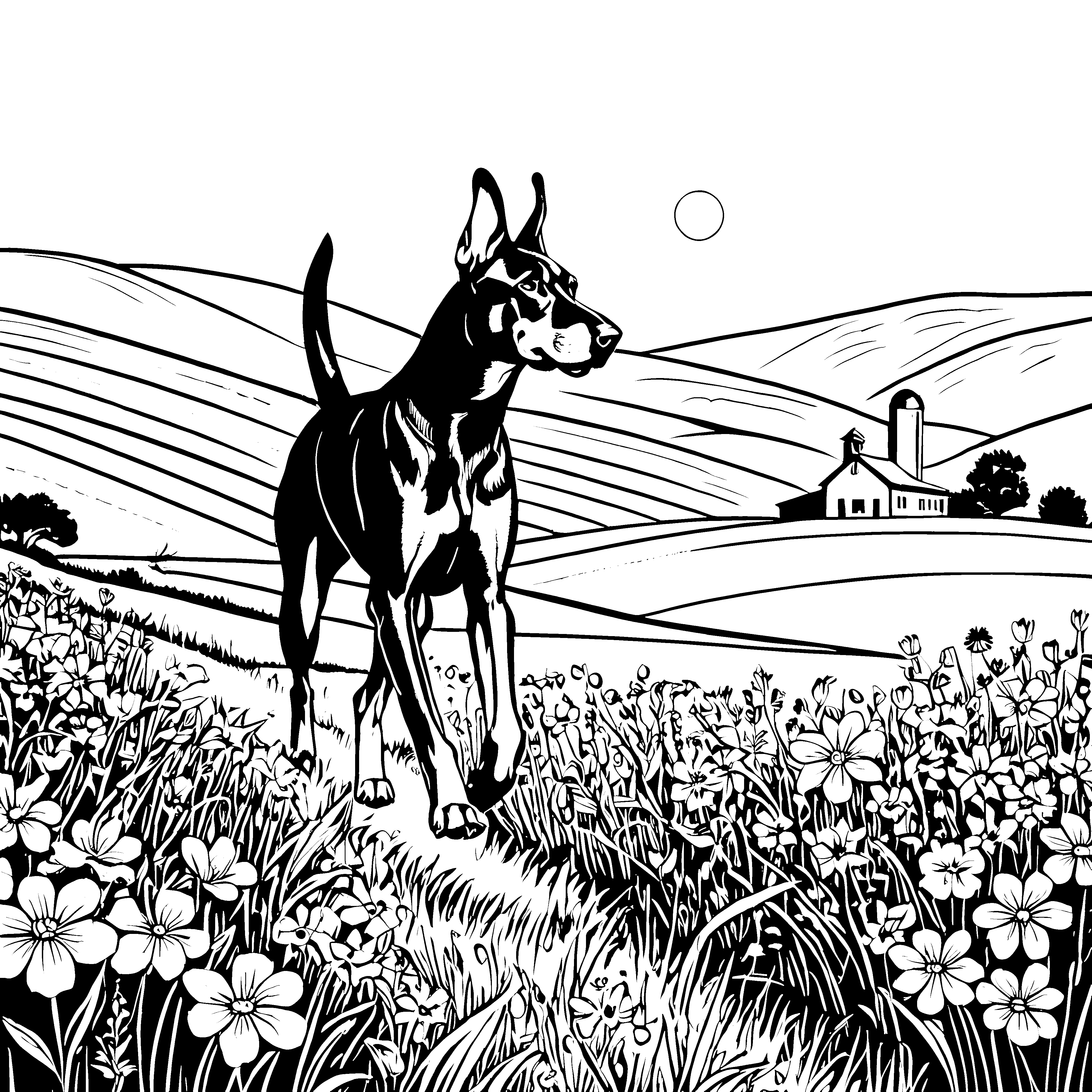 Wachsamer Dobermann auf Blumenwiese Malvorlage für kreative Landbaufreunde