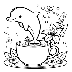 Verspielter Kawaii-Delfin in Teetasse Bastelmotiv für mutige Blütenfreunde