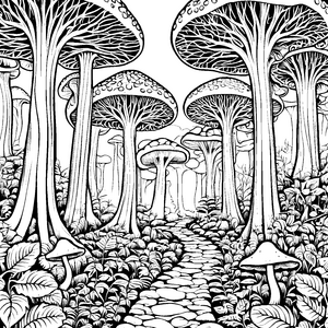 Fantastischer Pilzwald mit Pfad Ausmalvorlage für kleine Pilzfreunde