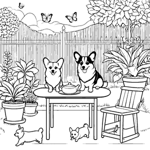 Neugierige Corgis am Gartentisch Bastelvorlage für junge Pflanzenputzer