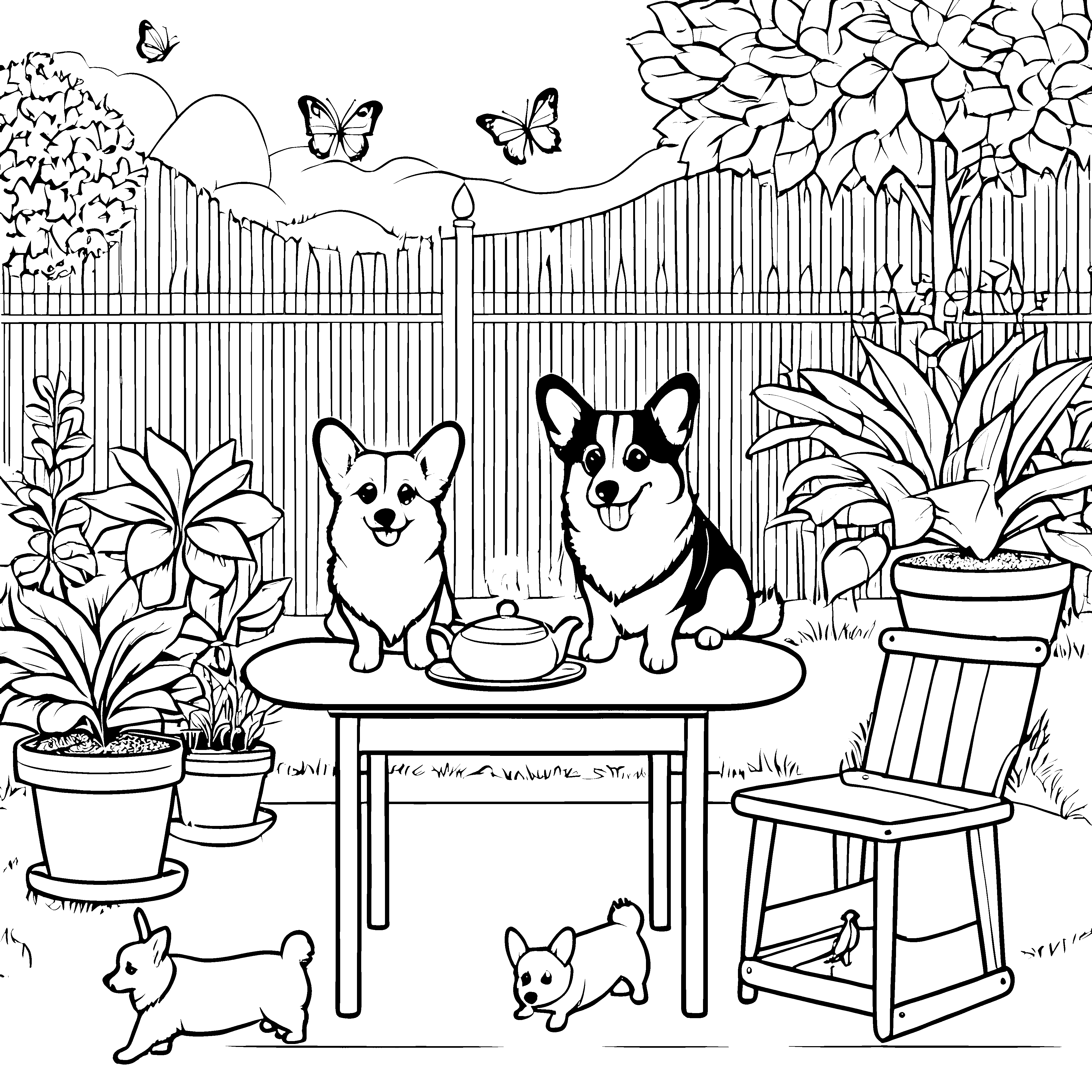 Neugierige Corgis am Gartentisch Bastelvorlage für junge Pflanzenputzer