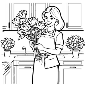 Fröhliche Mutter mit Tulpenstrauß Bastelvorlage für junge Blumenbegeisterte