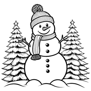 Fröhlicher Schneemann mit Tannenbäumen Ausmalbild für malfreudige Winterkinder