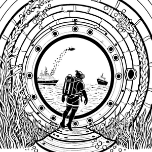 Geheimnisvoller Taucher vor Unterwasserstation Malbild für verträumte Seefahrer