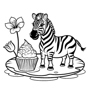 Süßes Kawaii-Zebra mit Cupcake Malbild für fröhliche Naschfreunde