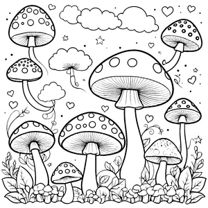 Heidrucke Kawaii-Pilze mit Herzen Ausmalvorlage für junge Naturfreunde