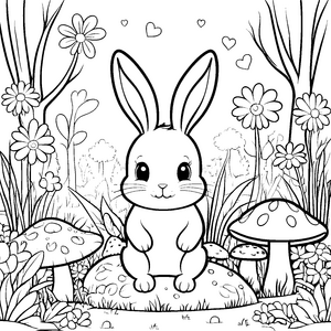 Herzliches Kawaii-Kaninchen mit Pilzen Bastelmotiv für neugierige Waldgeister