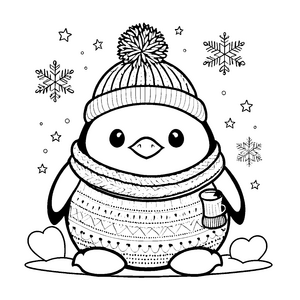 Gemütlicher Kawaii-Pinguin mit Strickmütze Ausmalvorlage für fröhliche Schneekristalle