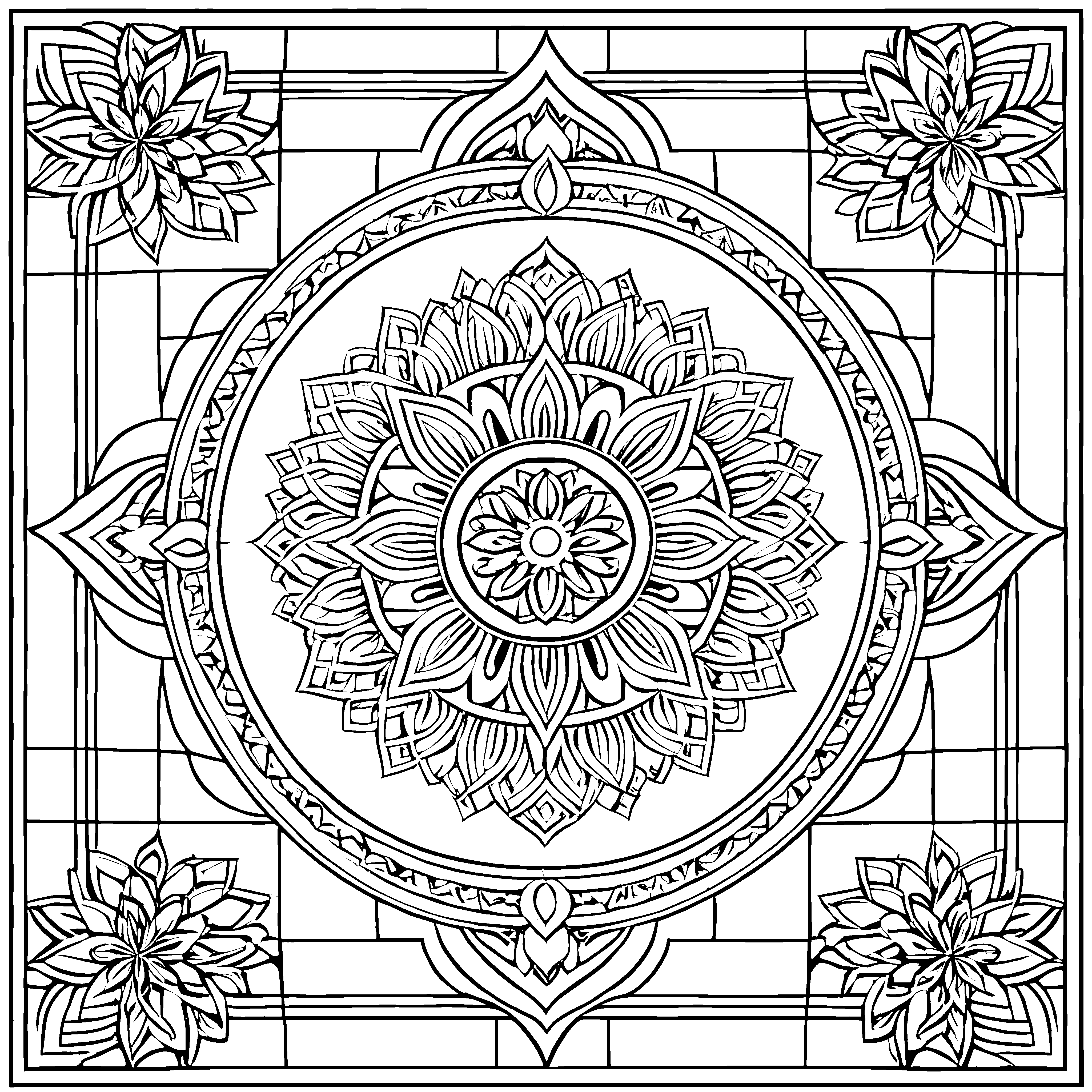 Prächtiges viereckiges Mandala mit Lotusblüten Malvorlage für junge Formbegeisterte