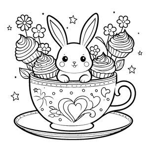Süßes Kawaii-Kaninchen in Teetasse Ausmalbild für fröhliche Gebäckliebhaber