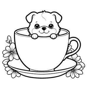 Begeisterter Kawaii-Hund in Teetasse mit Blumen Malvorlage für fröhliche Blumenkinder
