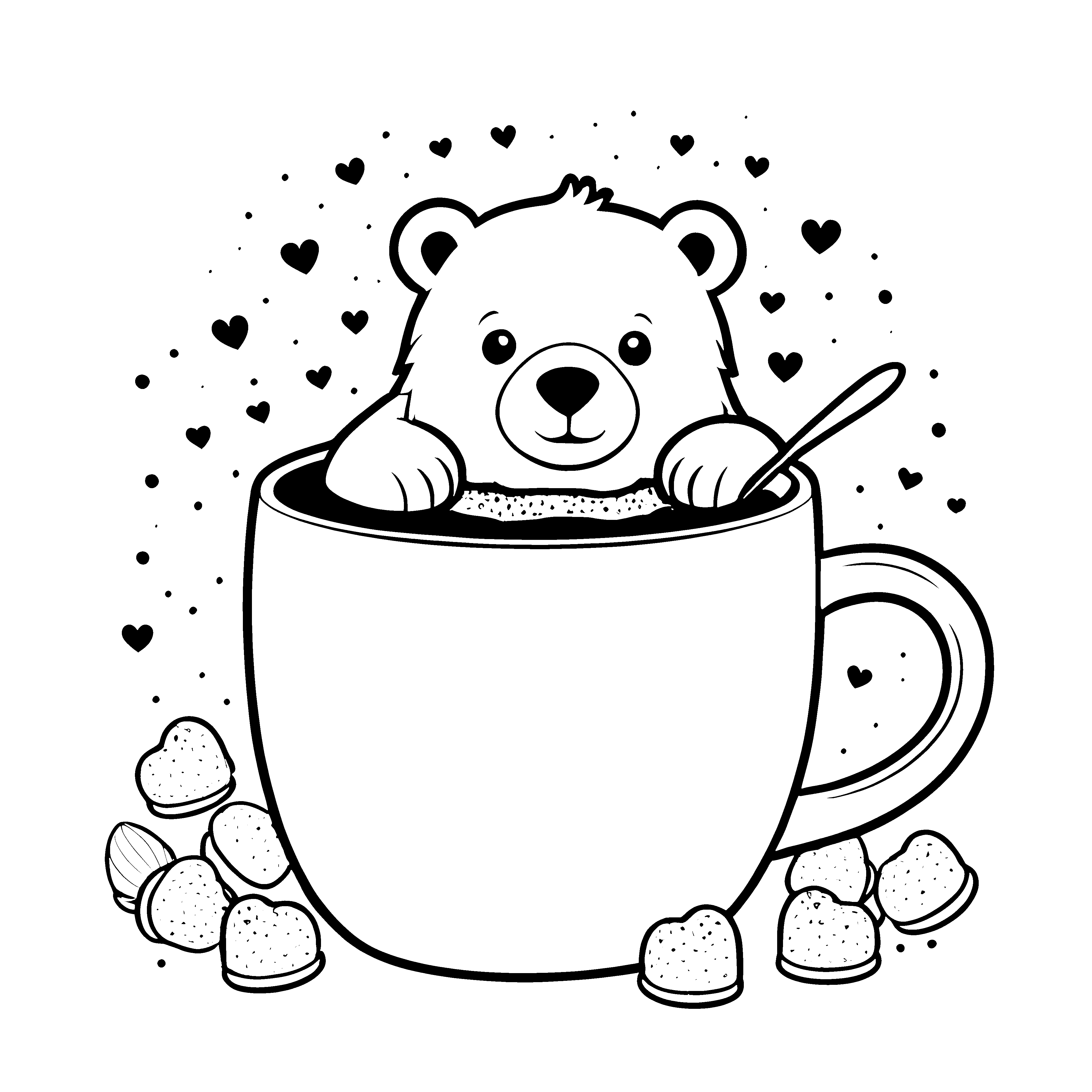 Herzlicher Kawaii Eisbär in Tasse mit Marshmallows Malbild für kleine Genießer
