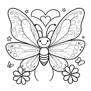 Fröhlicher Kawaii-Schmetterling mit Herz Malvorlage für malfreudige Blütenfreunde