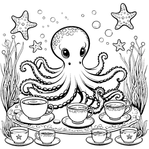 Gemütlicher Oktopus mit Teetassen Bastelvorlage für kleine Meeresbewohner