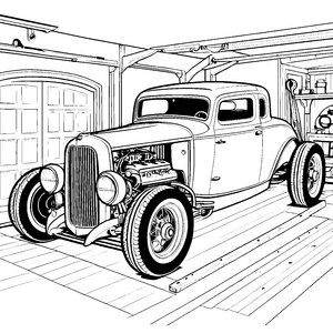 Technischer Oldtimer auf Hebebühne Bastelvorlage für fröhliche Werkstattfreunde