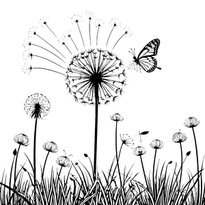 Detailreiche Pusteblumen mit Schmetterling Malvorlage für malfreudige Naturfreunde