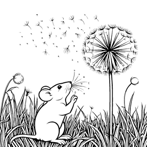 Niedliche Maus bei Pusteblumen Malvorlage für kleine Wiesenforscher