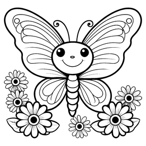 Niedlicher Kawaii-Schmetterling inmitten von Blumen Ausmalbild für kleine Naturfreunde