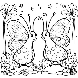 Süße Kawaii-Schmetterlinge in der Blumenwiese Malbild für fröhliche Wiesenkinder