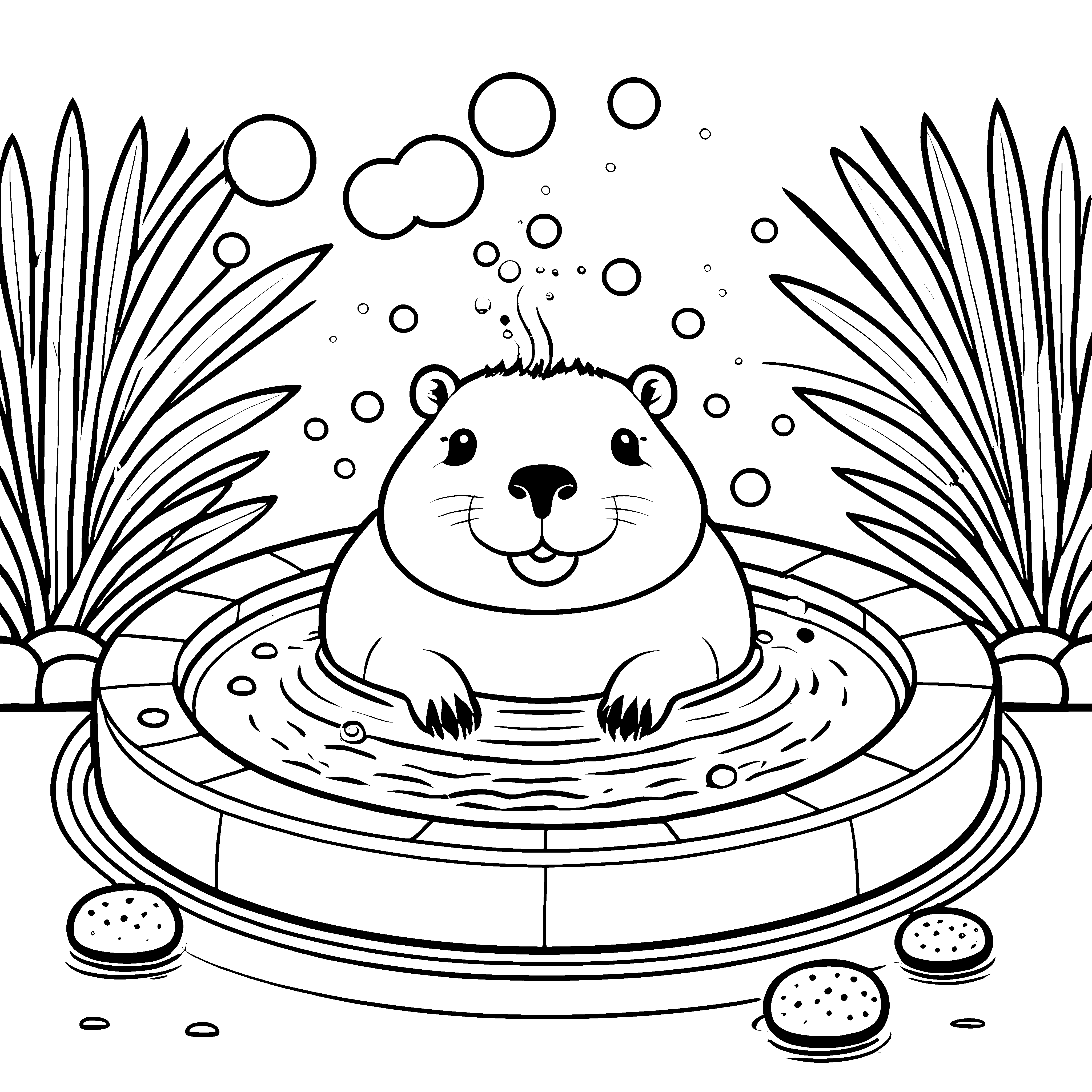 Entspanntes Capybara im Onsen Malbild für kleine Badegäste