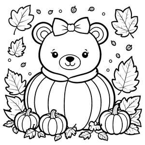 Niedlicher Kawaii-Bär im Kürbis Ausmalvorlage für mutige Herbstfreunde