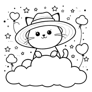 Traumhafte Kawaii-Katze auf Wolke Malbild für fröhliche Wolkenreisen