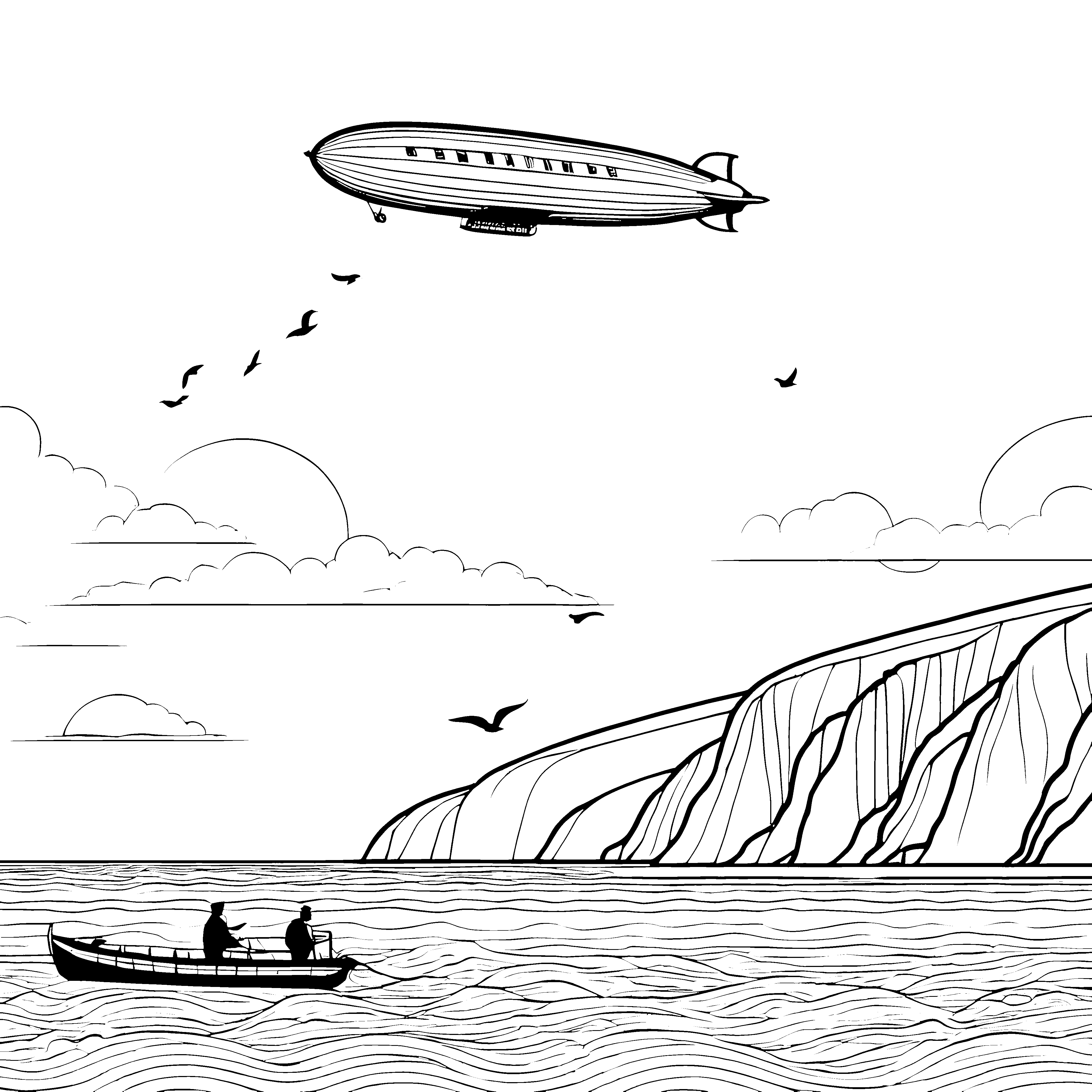 Fantastische Zeppeline über Klippen Bastelvorlage für kleine Bootsfreunde