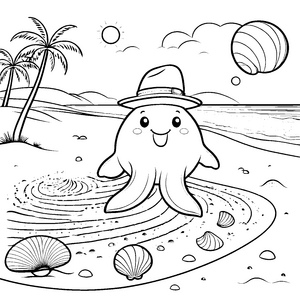 Lächelnder Oktopus mit Hut Malvorlage für mutige Strandbesucher