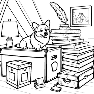 Bedauerlicher Corgi auf der Truhe Bastelvorlage für verträumte Lesefreunde