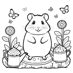 Verspielter Kawaii-Hamster mit Schmetterlingen Ausmalbild für fröhliche Wiesenfreunde