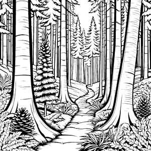 Mystischer Fichtenwald mit Waldweg Malbild für kleine Naturkinder