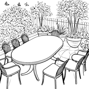 Idyllischer ovaler Tisch im Garten Ausmalbild für malfreudige Gartenfreunde
