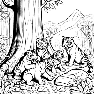 Verspielte Säbelzahntiger-Babys im Wald Ausmalvorlage für junge Naturforscher