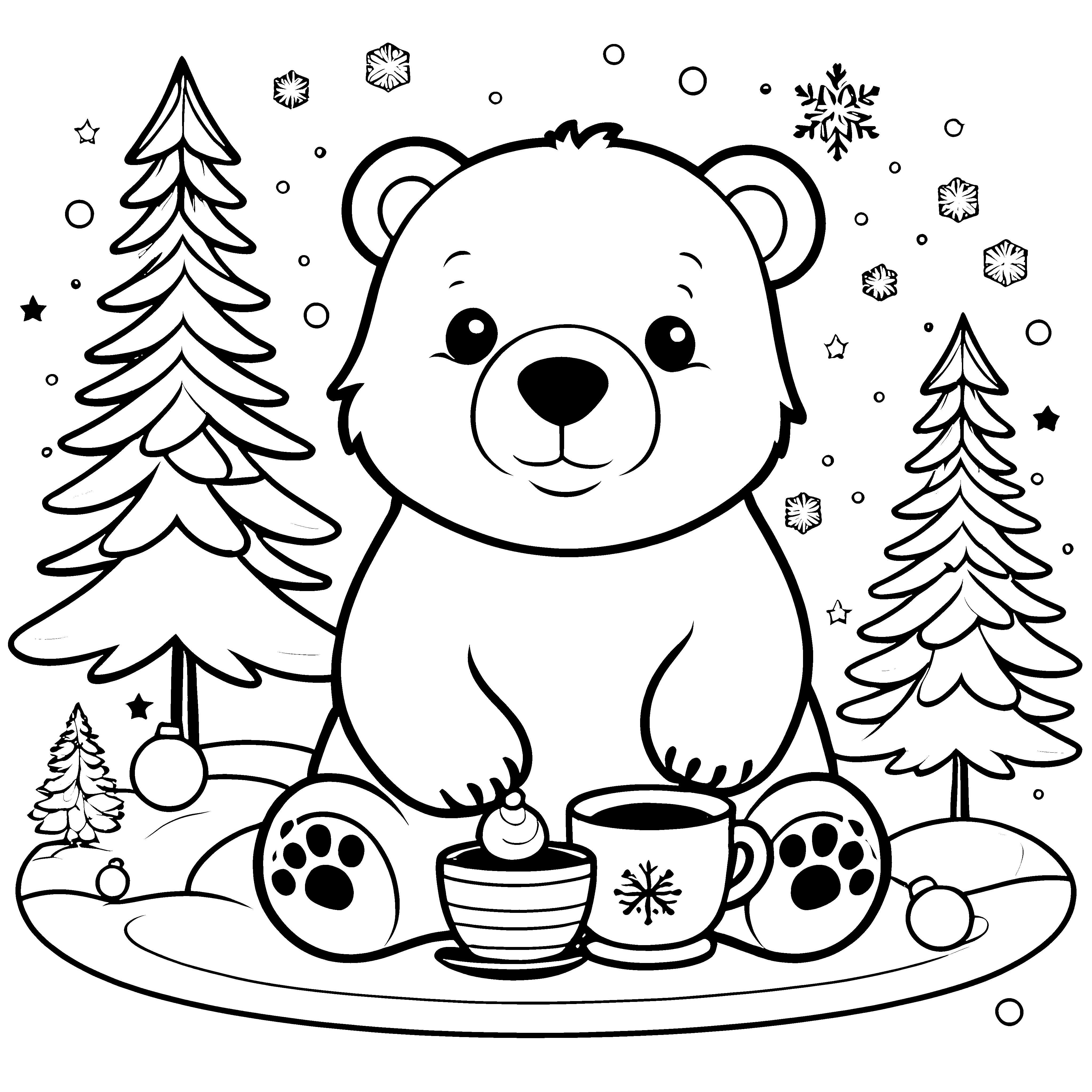 Niedlicher Bär mit Tasse Ausmalvorlage für verträumte Schneeflockenfreunde