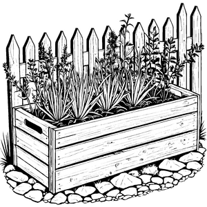 Detaillierte Kräuter im Holzkasten Malbild für kleine Gartenforscher