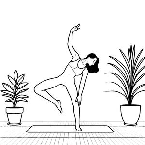 Anmutige Yoga-Pose mit Topfpflanzen Malbild für Pflanzenfreunde