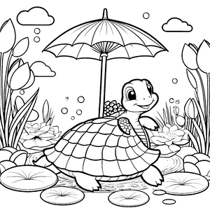 Geliebte Kawaii-Schildkröte unter Sonnenschirm Ausmalbild für neugierige Wasserpflanzenfreunde