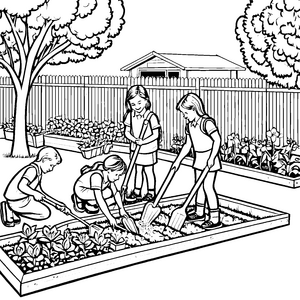 Eifrige Schulkinder im Gartenbeet Bastelvorlage für mutige Pflanzenspezialisten