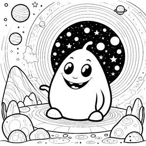 Heiteres Kawaii-Alien mit Planeten Malvorlage für kleine Weltraumreisende