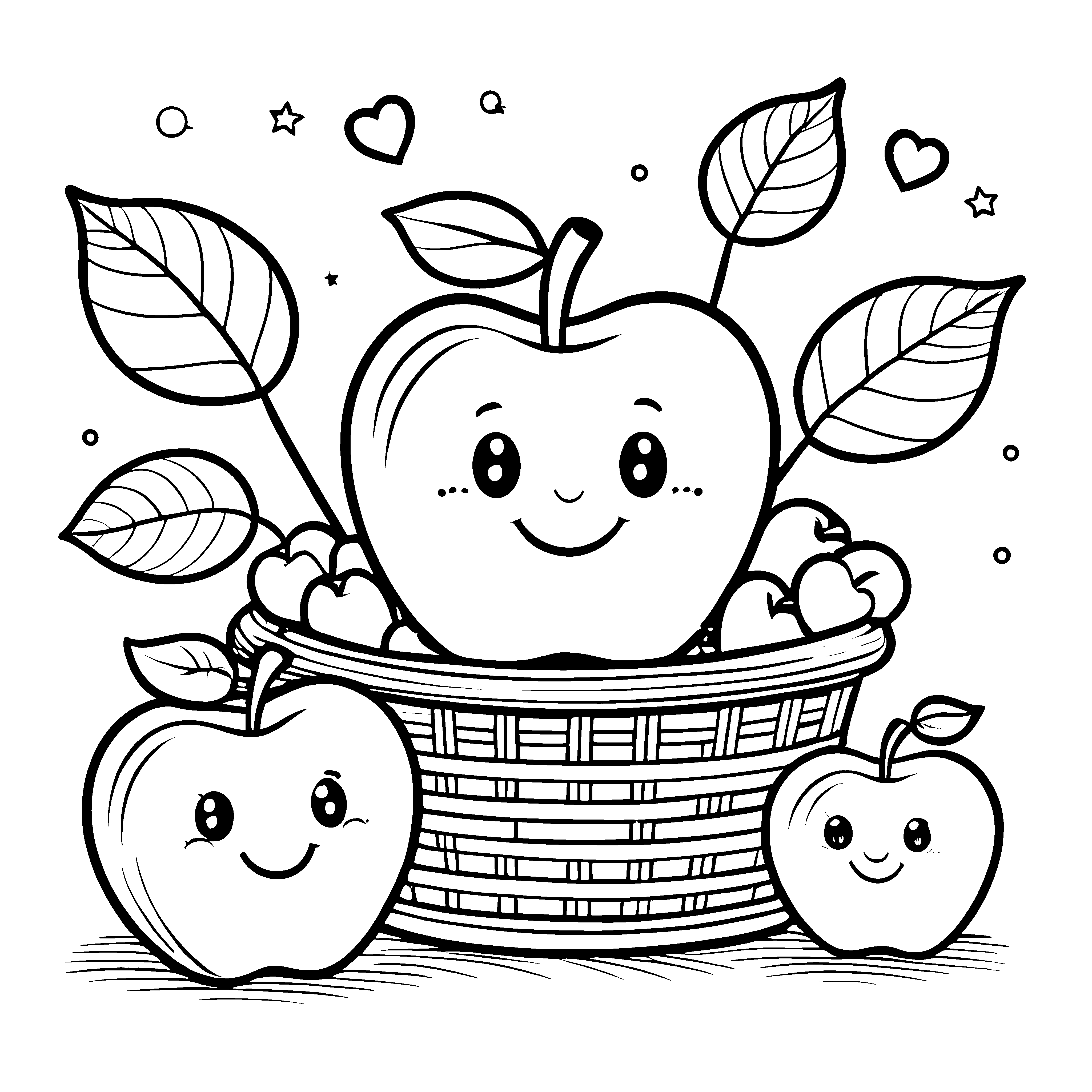 Herzliche Kawaii-Äpfel im Korb Ausmalvorlage für junge Obstliebhaber