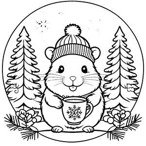 Behagliches Hamsterchen mit Tasse Ausmalbild für fröhliche Wintertiere