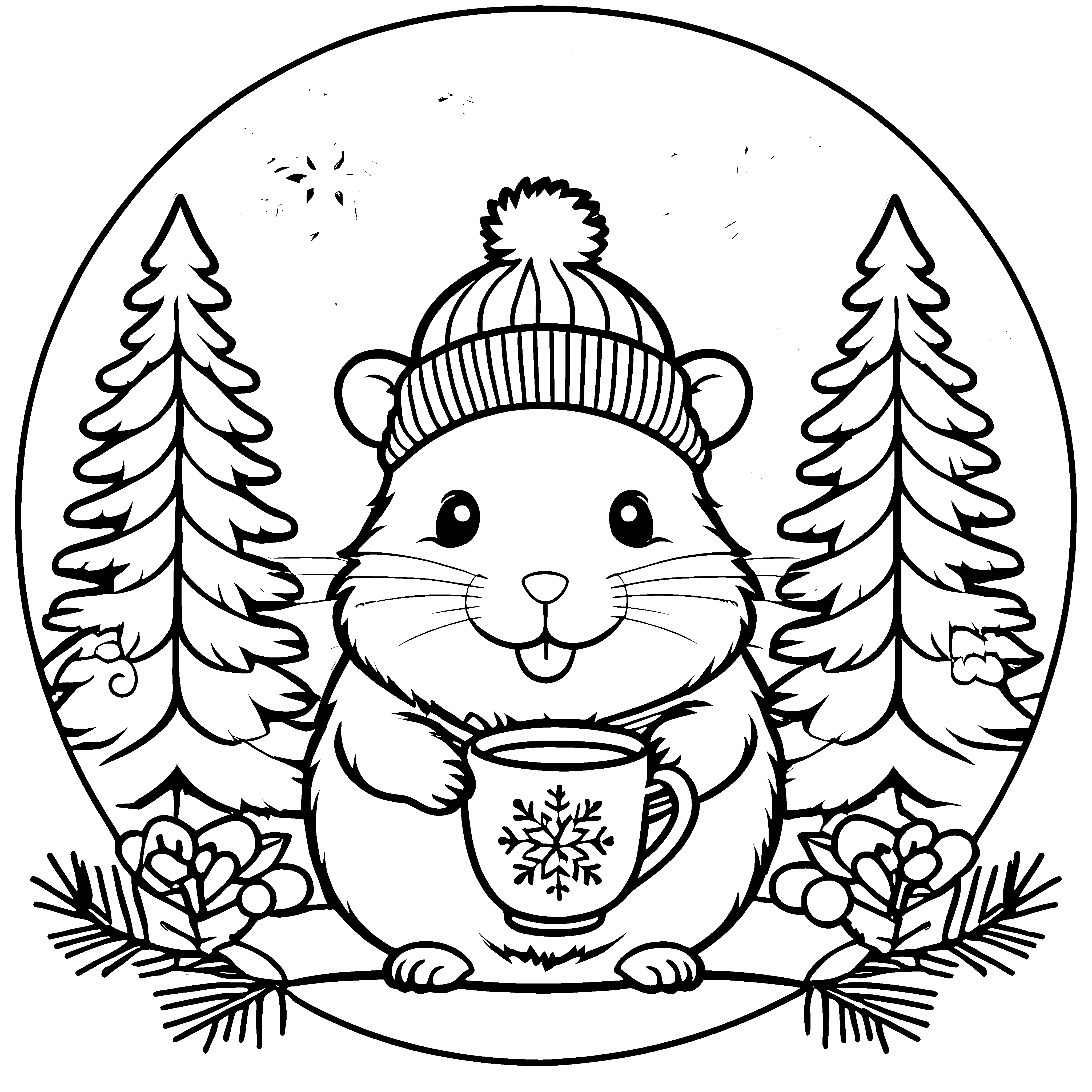 Behagliches Hamsterchen mit Tasse Ausmalbild für fröhliche Wintertiere
