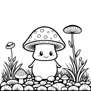 Niedlicher Kawaii-Pilz auf Steinen Bastelmotiv für mutige Waldtierchen
