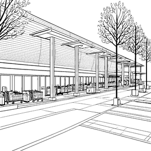 Moderne Supermarktfront mit Einkaufswagen Ausmalbild für fröhliche Warenfreunde